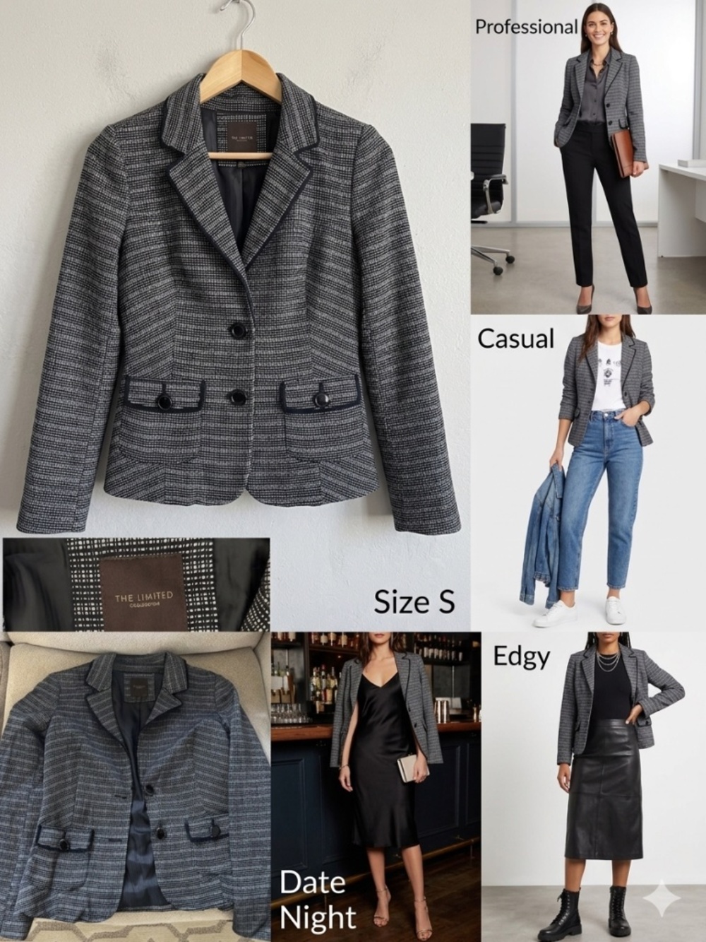 The Limited Collection Tweed Blazer Grey Herringbone Contrast Trim - Size S
